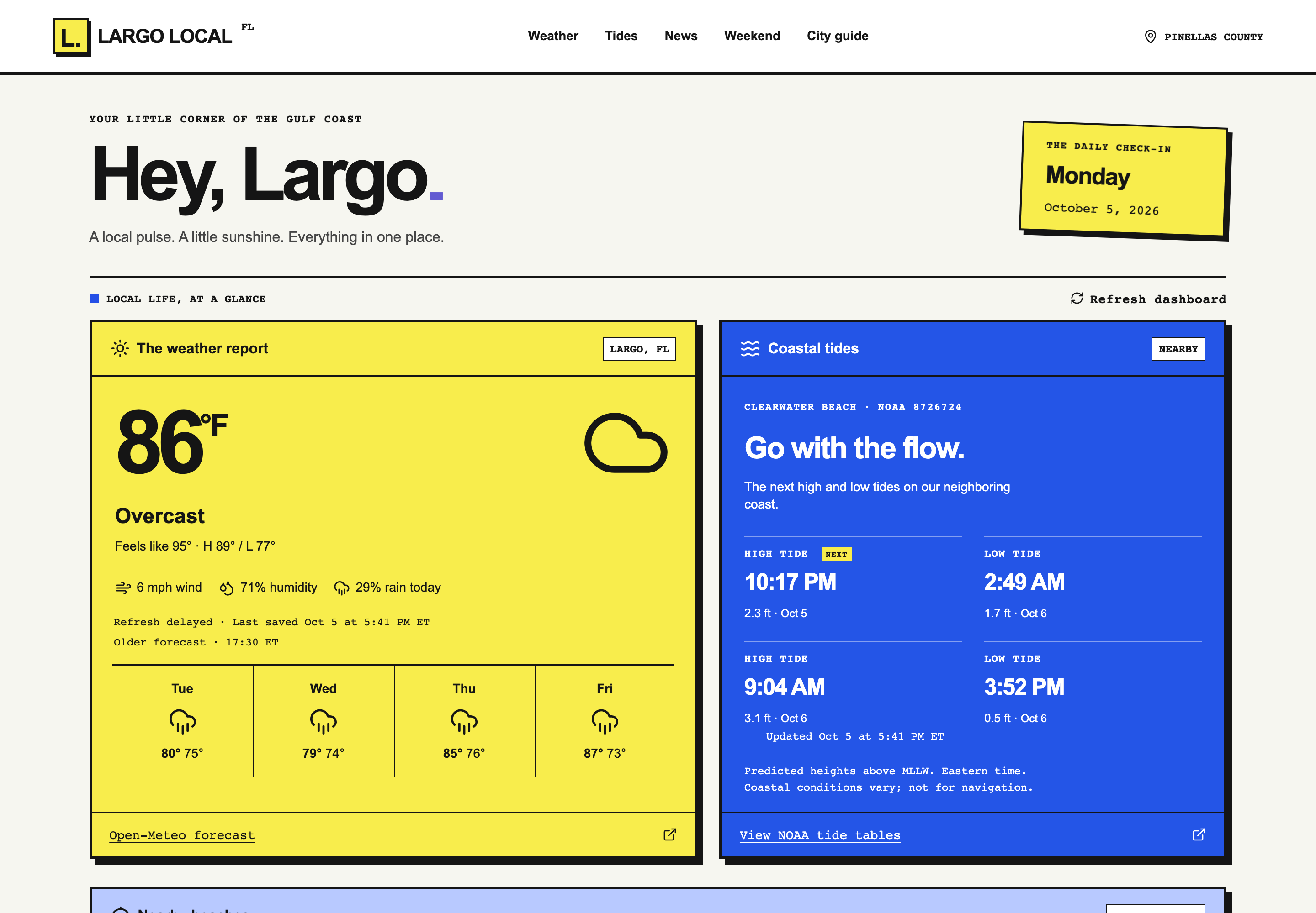 Largo Local's dashboard with its daily date ticket, yellow weather panel, and blue coastal tide panel.